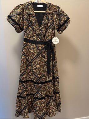 Lost + Wander Black Floral Wrap Maxi Dress with Yellow & Pink Blooms